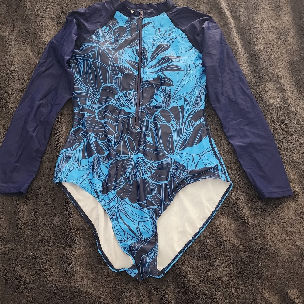 Blue Floral Long Sleeve One Piece Swimsuit